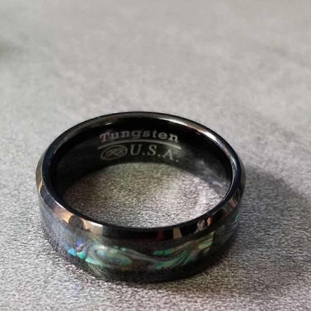 Men's Real Black Tungsten Wedding Ring With Abalone Shell Inlay - Picture 10 of 11